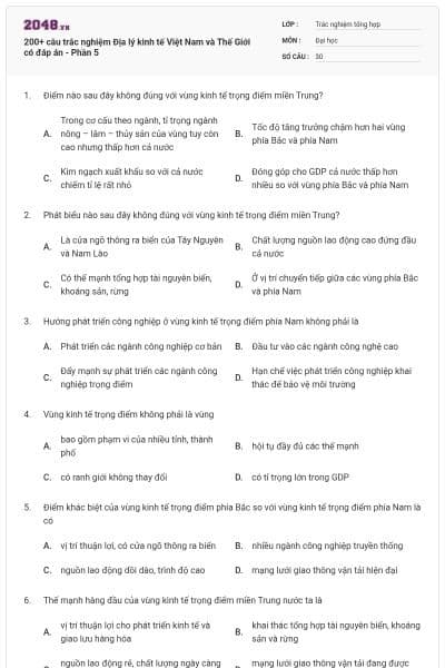 200+ câu trắc nghiệm Địa lý kinh tế Việt Nam và Thế Giới có đáp án - Phần 5