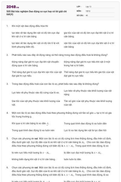 505 Bài trắc nghiệm Dao động cơ cực hay có lời giải chi tiết(4)
