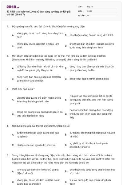 433 Bài trắc nghiệm Lượng tử ánh sáng cực hay có lời giải chi tiết (đề số 7)