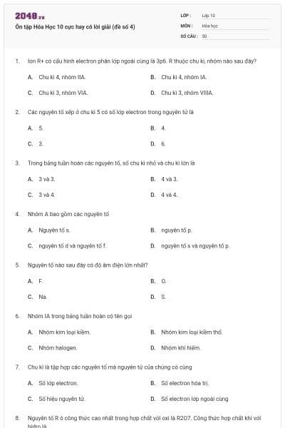 Ôn tập Hóa Học 10 cực hay có lời giải (đề số 4)