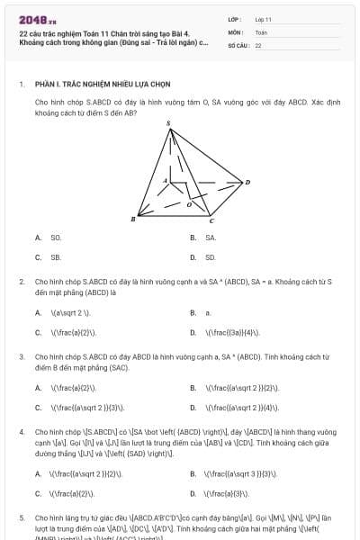 22 câu trắc nghiệm Toán 11 Chân trời sáng tạo Bài 4. Khoảng cách trong không gian (Đúng sai - Trả lời ngắn) có đáp án