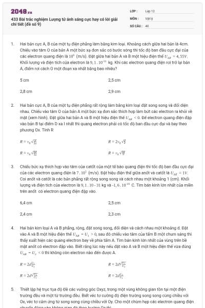 433 Bài trắc nghiệm Lượng tử ánh sáng cực hay có lời giải chi tiết (đề số 9)