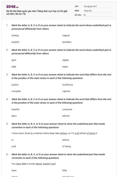 Đề thi thử thpt quốc gia môn Tiếng Anh cực hay có lời giải chi tiết ( Đề số 19)