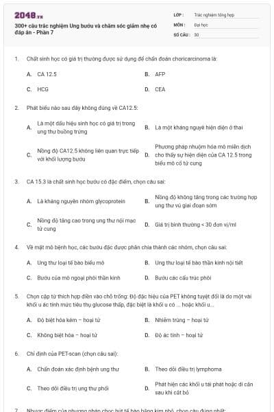 300+ câu trắc nghiệm Ung bướu và chăm sóc giảm nhẹ có đáp án - Phần 7