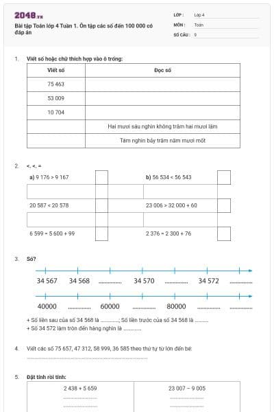 Bài tập Toán lớp 4 Tuần 1. Ôn tập các số đến 100 000 có đáp án