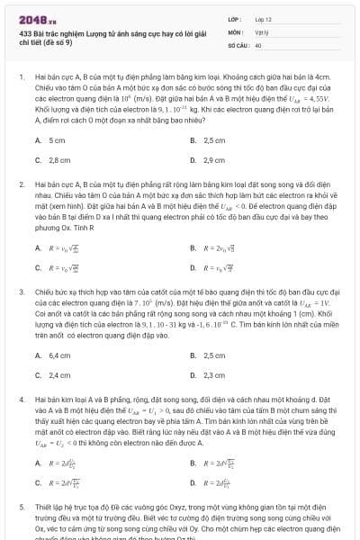 433 Bài trắc nghiệm Lượng tử ánh sáng cực hay có lời giải chi tiết (đề số 9)
