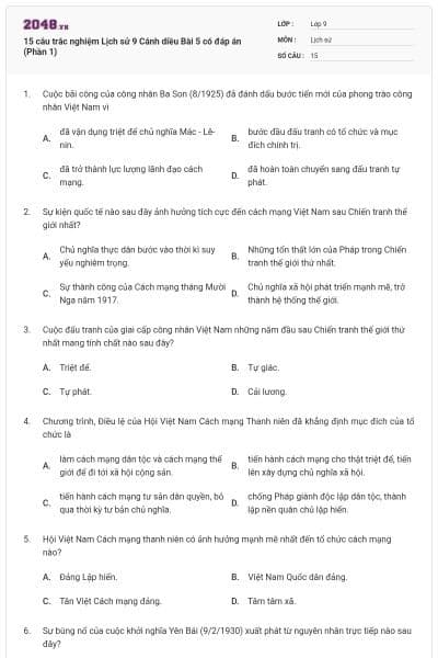 15 câu trắc nghiệm Lịch sử 9 Cánh diều Bài 5 có đáp án (Phần 1)