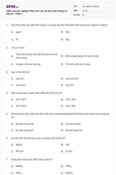 200+ câu trắc nghiệm Phân tích các chỉ tiêu môi trường có đáp án - Phần 1
