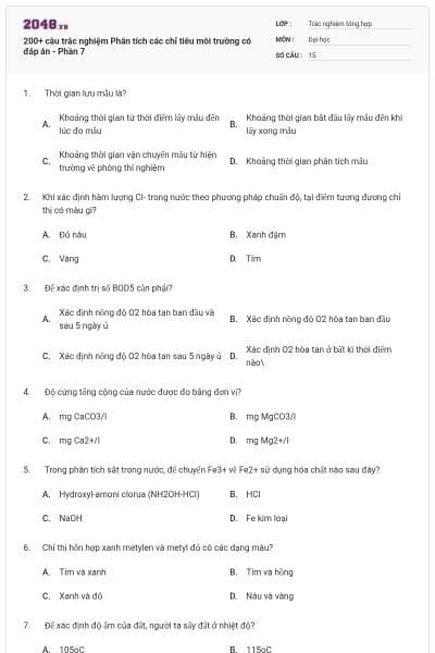 200+ câu trắc nghiệm Phân tích các chỉ tiêu môi trường có đáp án - Phần 7