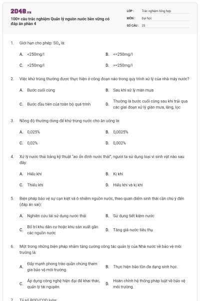 100+ câu trắc nghiệm Quản lý nguồn nước bền vững có đáp án phần 4