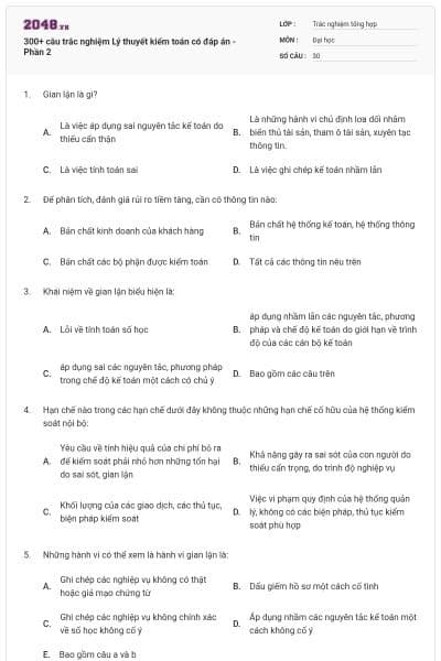 300+ câu trắc nghiệm Lý thuyết kiểm toán có đáp án - Phần 2