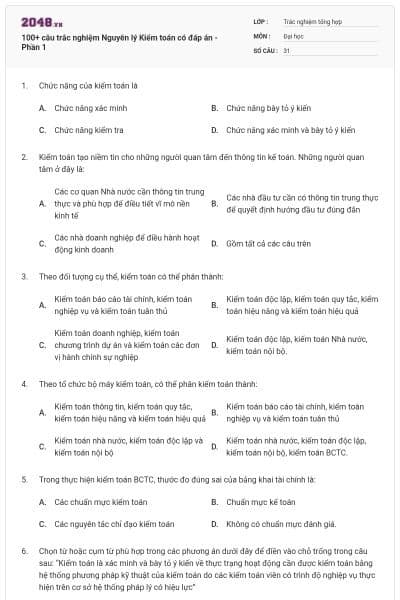 100+ câu trắc nghiệm Nguyên lý Kiểm toán có đáp án - Phần 1