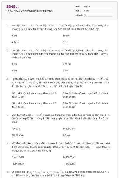 16 BÀI TOÁN VỀ CƯỜNG ĐỘ ĐIỆN TRƯỜNG