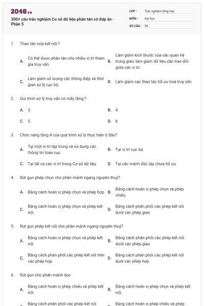 300+ câu trắc nghiệm Cơ sở dữ liệu phân tán có đáp án - Phần 5