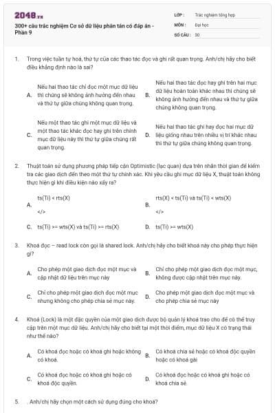300+ câu trắc nghiệm Cơ sở dữ liệu phân tán có đáp án - Phần 9