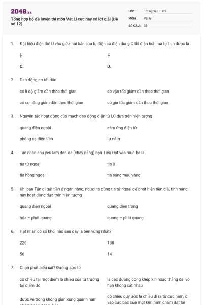 Tổng hợp bộ đề luyện thi môn Vật Lí cực hay có lời giải (Đề số 12)