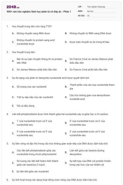 400+ câu trắc nghiệm Sinh học phân tử có đáp án - Phần 1