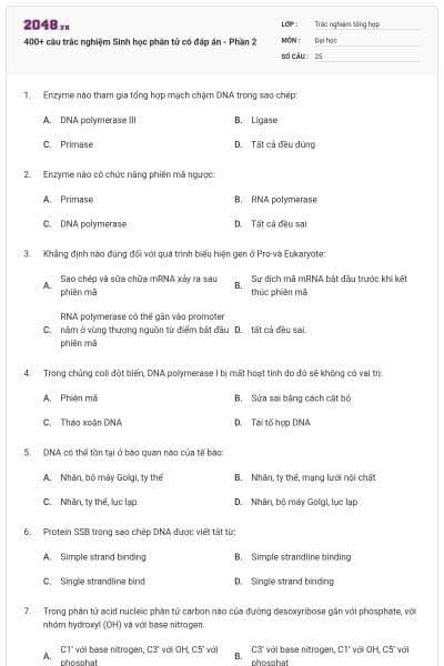 400+ câu trắc nghiệm Sinh học phân tử có đáp án - Phần 2