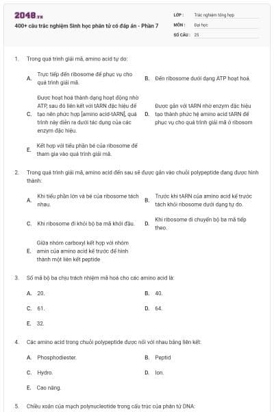 400+ câu trắc nghiệm Sinh học phân tử có đáp án - Phần 7
