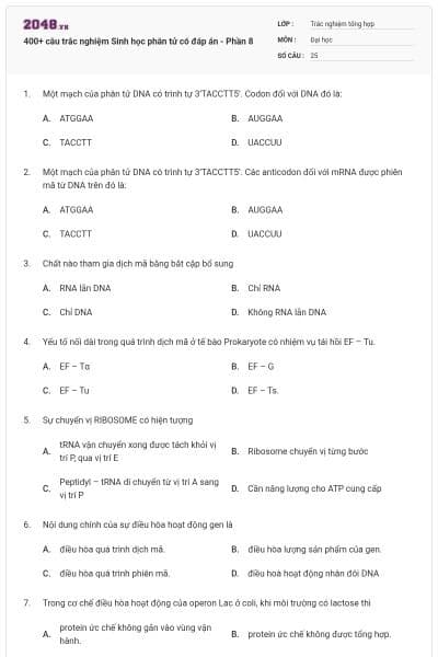 400+ câu trắc nghiệm Sinh học phân tử có đáp án - Phần 8