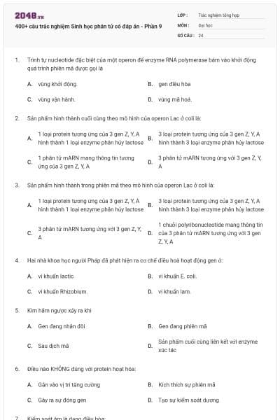 400+ câu trắc nghiệm Sinh học phân tử có đáp án - Phần 9