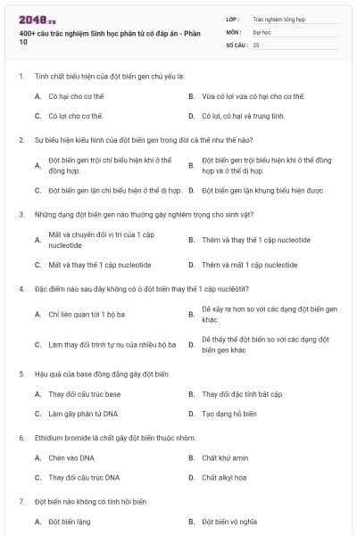 400+ câu trắc nghiệm Sinh học phân tử có đáp án - Phần 10
