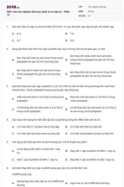 400+ câu trắc nghiệm Sinh học phân tử có đáp án - Phần 15