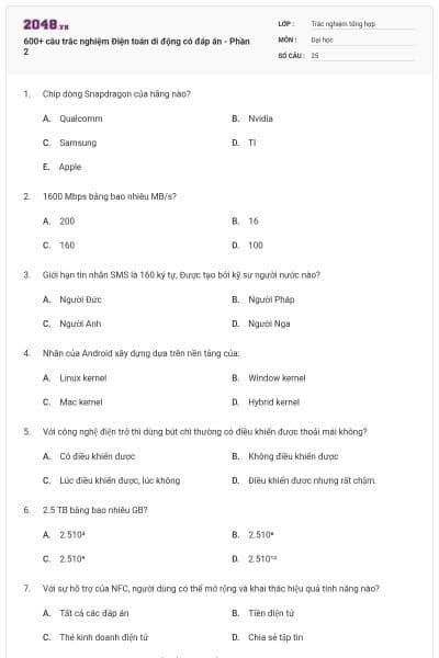 600+ câu trắc nghiệm Điện toán di động có đáp án - Phần 2