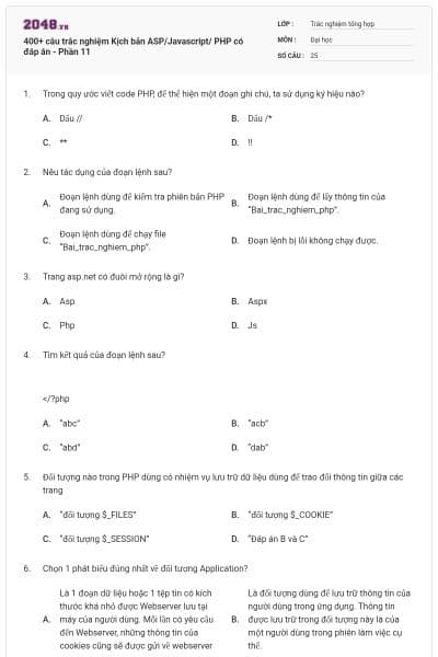 400+ câu trắc nghiệm Kịch bản ASP/Javascript/ PHP có đáp án - Phần 11