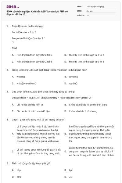 400+ câu trắc nghiệm Kịch bản ASP/Javascript/ PHP có đáp án - Phần 13