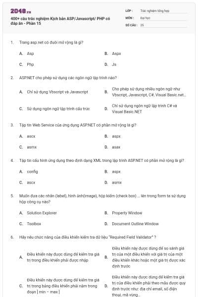 400+ câu trắc nghiệm Kịch bản ASP/Javascript/ PHP có đáp án - Phần 15