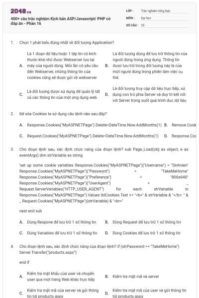 400+ câu trắc nghiệm Kịch bản ASP/Javascript/ PHP có đáp án - Phần 16