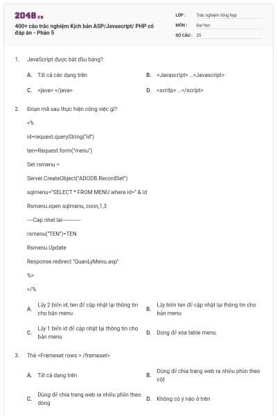 400+ câu trắc nghiệm Kịch bản ASP/Javascript/ PHP có đáp án - Phần 5