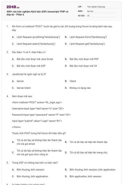 400+ câu trắc nghiệm Kịch bản ASP/Javascript/ PHP có đáp án - Phần 6