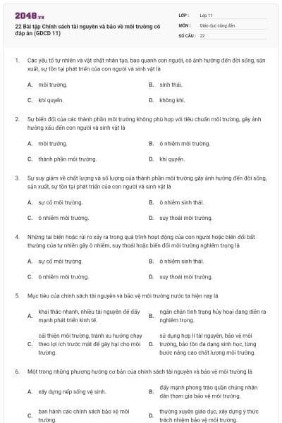 22 Bài tập Chính sách tài nguyên và bảo về môi trường có đáp án (GDCD 11)