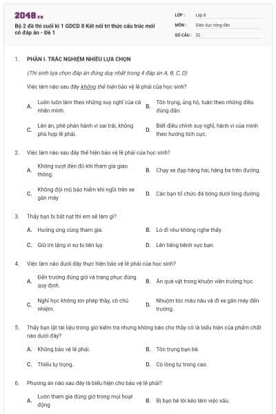 Bộ 2 đề thi cuối kì 1 GDCD 8 Kết nối tri thức cấu trúc mới có đáp án - Đề 1