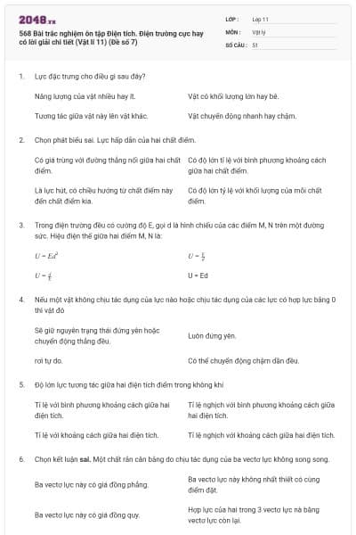 568 Bài trắc nghiệm ôn tập Điện tích. Điện trường cực hay có lời giải chi tiết (Vật lí 11) (Đề số 7)