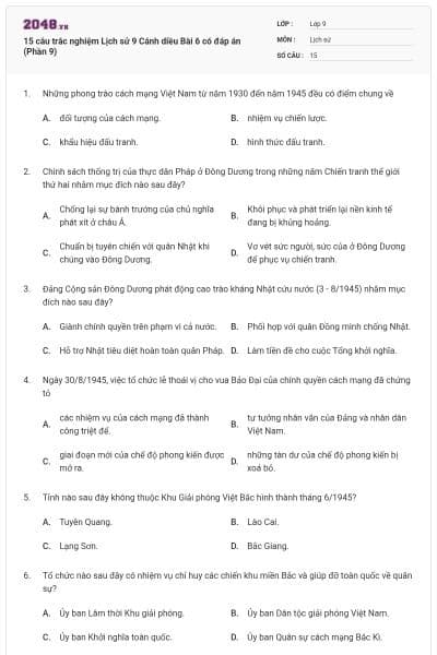 15 câu trắc nghiệm Lịch sử 9 Cánh diều Bài 6 có đáp án (Phần 9)