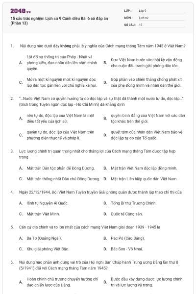 15 câu trắc nghiệm Lịch sử 9 Cánh diều Bài 6 có đáp án (Phần 13)
