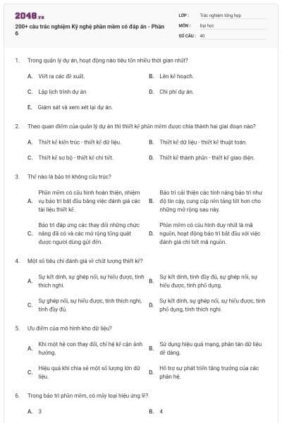 200+ câu trắc nghiệm Kỹ nghệ phần mềm có đáp án - Phần 6