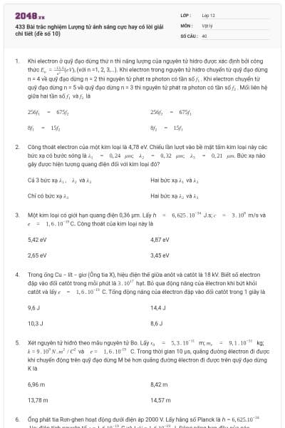 433 Bài trắc nghiệm Lượng tử ánh sáng cực hay có lời giải chi tiết (đề số 10)