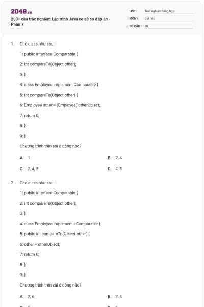 200+ câu trắc nghiệm Lập trình Java cơ sở có đáp án - Phần 7