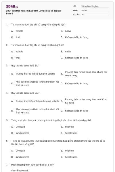 200+ câu trắc nghiệm Lập trình Java cơ sở có đáp án - Phần 8