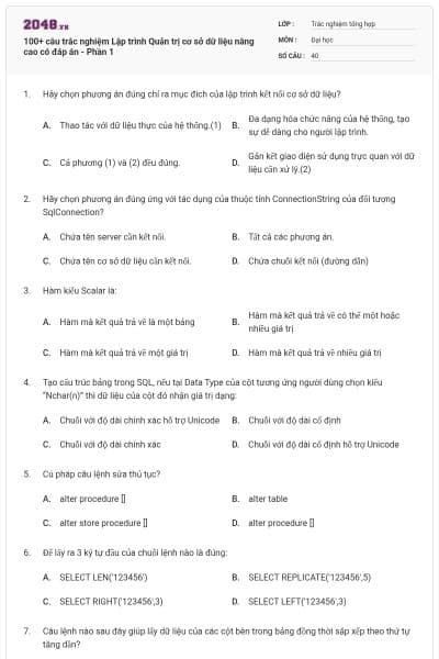 100+ câu trắc nghiệm Lập trình Quản trị cơ sở dữ liệu nâng cao có đáp án - Phần 1