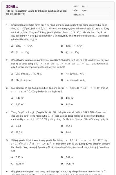 433 Bài trắc nghiệm Lượng tử ánh sáng cực hay có lời giải chi tiết (đề số 10)