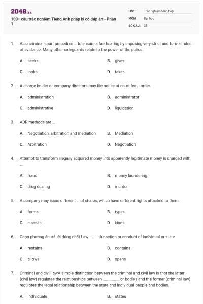 100+ câu trắc nghiệm Tiếng Anh pháp lý có đáp án - Phần 1