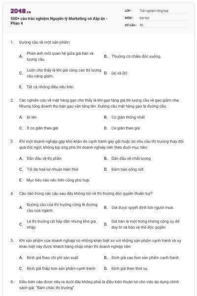 500+ câu trắc nghiệm Nguyên lý Marketing có đáp án - Phần 4