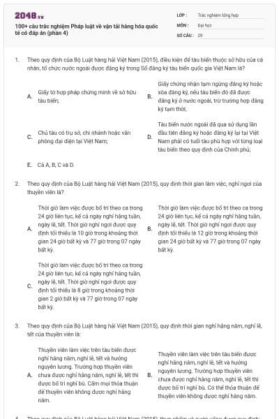 100+ câu trắc nghiệm Pháp luật về vận tải hàng hóa quốc tế có đáp án (phần 4)