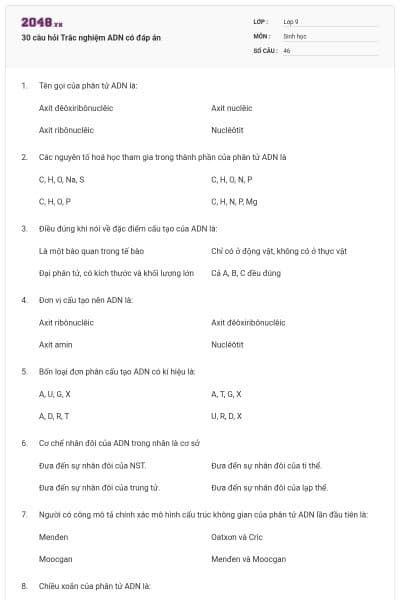 30 câu hỏi Trắc nghiệm ADN có đáp án