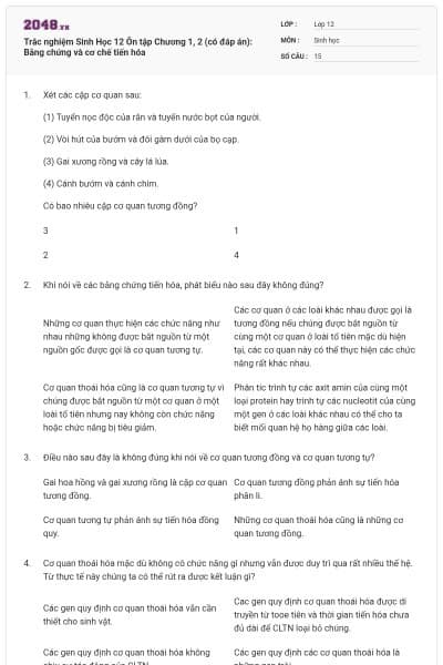 Trắc nghiệm Sinh Học 12 Ôn tập Chương 1, 2 (có đáp án): Bằng chứng và cơ chế tiến hóa
